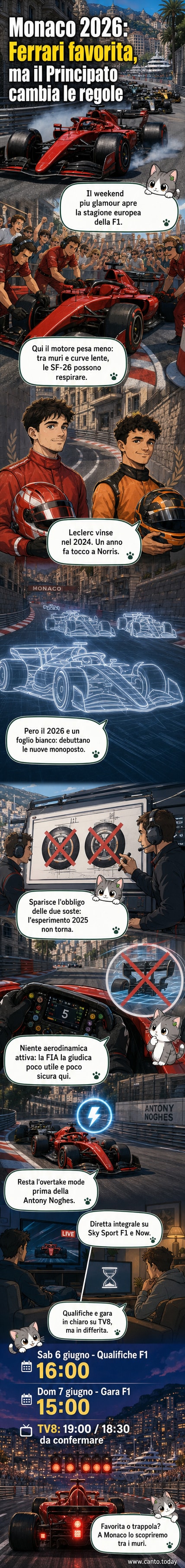 Illustrazione del circuito di Monaco con macchine da Formula 1 in curva, skyline del Principato sullo sfondo, e dettagli sugli orari delle sessioni e le novità tecniche per il 2026.