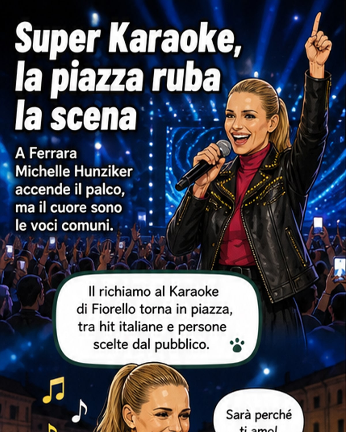 Michelle Hunziker sul palco di Super Karaoke a Ferrara, circondata da artisti e pubblico entusiasta