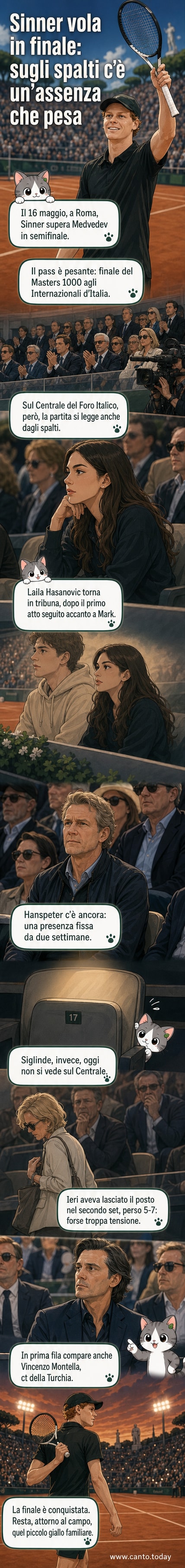 Tennista Jannik Sinner celebra la vittoria in semifinale agli Internazionali d'Italia 2026, con tribuna piena di volti noti e la fidanzata Laila Hasanovic in primo piano, mentre la madre Siglinde è assente.