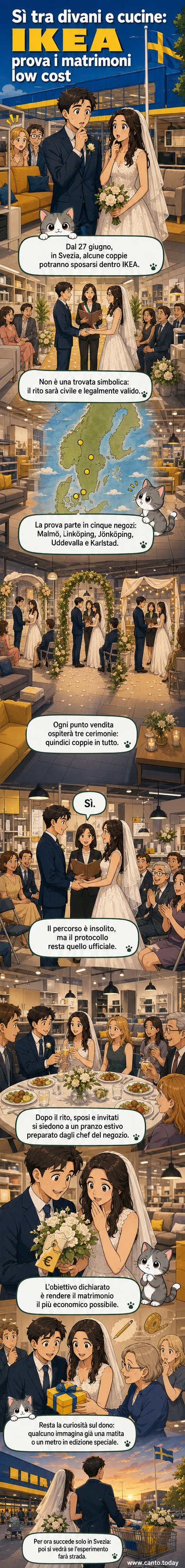 Una coppia si scambia le promesse in un negozio IKEA tra scaffali di cucine e divani, con invitati seduti su sedie arancioni.
