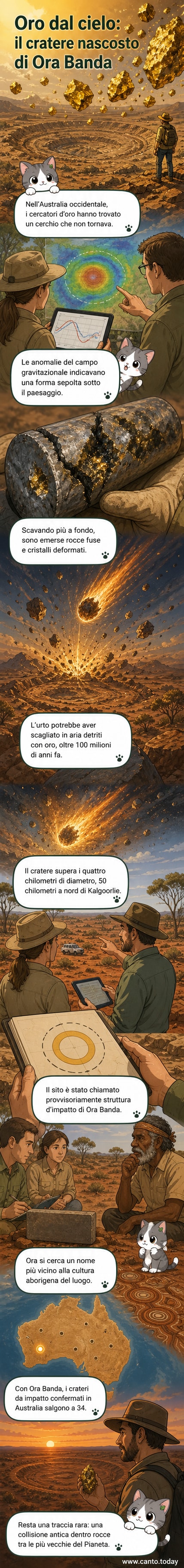 Illustrazione di un meteorite in avvicinamento alla Terra con bagliori dorati che si diffondono nell'atmosfera, sopra un paesaggio australiano con strati rocciosi che rivelano un cratere nascosto e tracce d'oro nel sottosuolo.