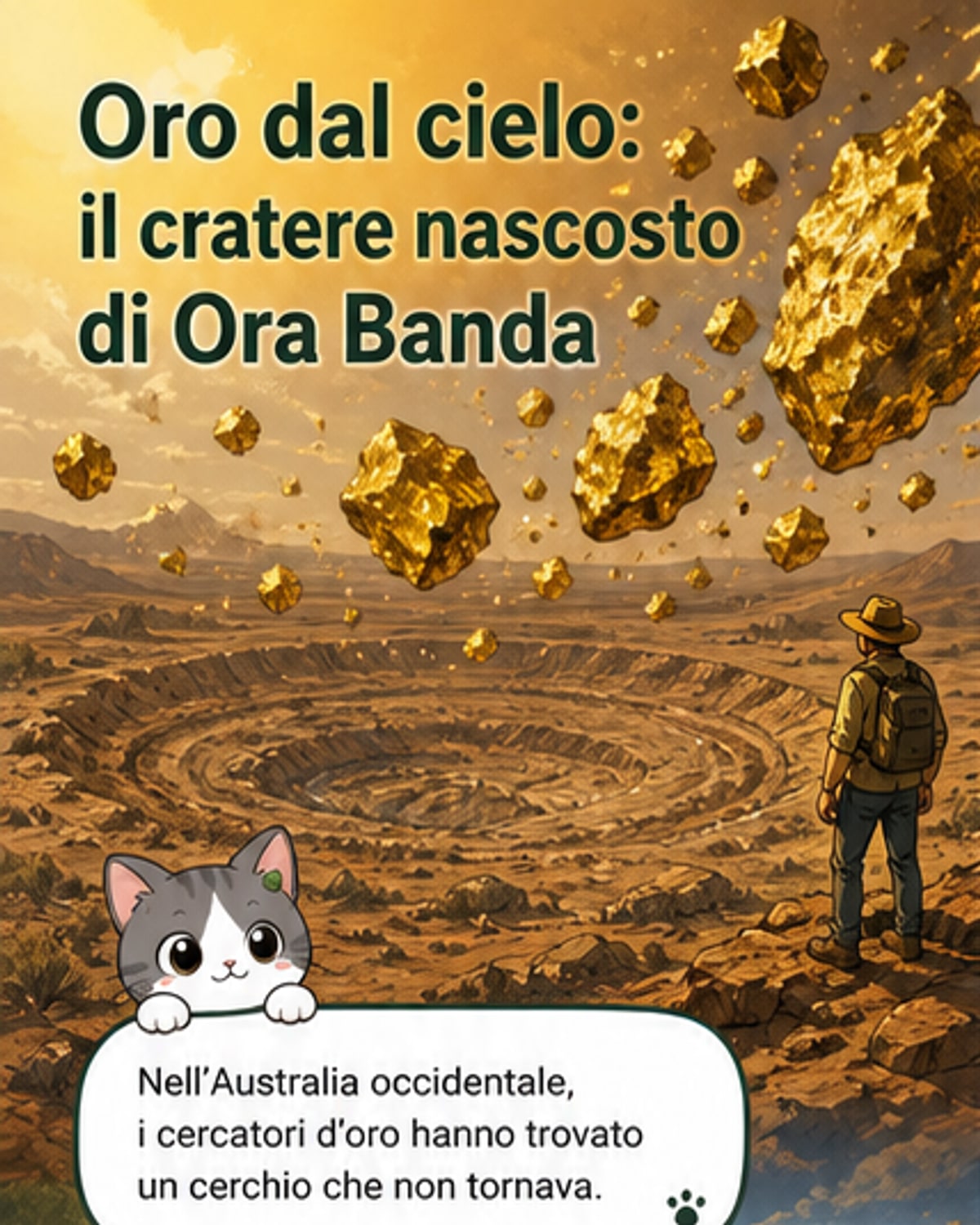 Illustrazione di un meteorite in avvicinamento alla Terra con bagliori dorati che si diffondono nell'atmosfera, sopra un paesaggio australiano con strati rocciosi che rivelano un cratere nascosto e tracce d'oro nel sottosuolo.