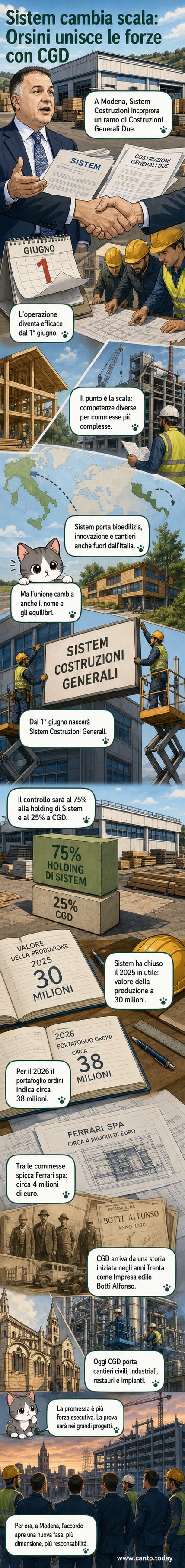 Illustrazione di due gru da cantiere che si stringono simbolicamente la mano, con uno skyline in costruzione sullo sfondo e il logo delle due aziende che si fondono in uno nuovo.