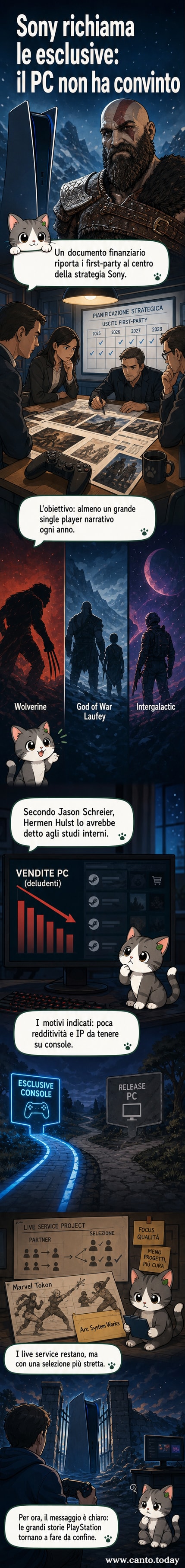 Illustrazione stilizzata di una console PlayStation con giochi narrativi che escono dallo schermo, mentre un PC in background mostra grafici di vendita in calo.