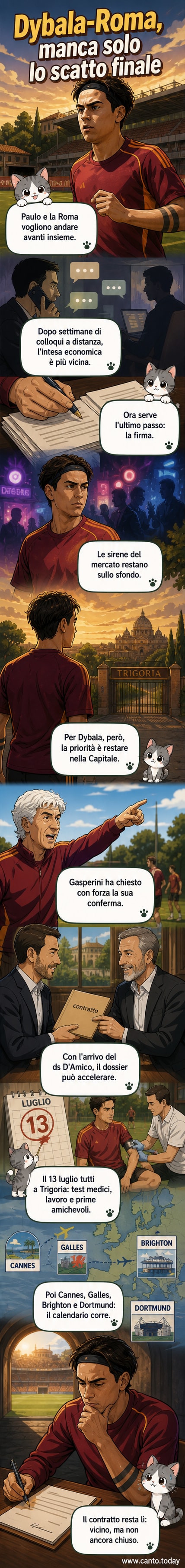 Illustrazione di Paulo Dybala in maglia giallorossa che guarda verso il centro sportivo di Trigoria, con il calendario delle amichevoli sullo sfondo.