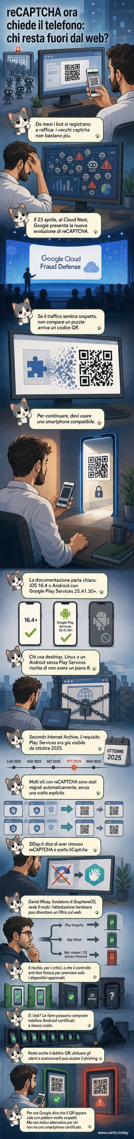 Un uomo cerca di accedere a un sito web, ma il reCAPTCHA mostra un codice QR da scansionare con uno smartphone certificato. Sullo sfondo, loghi di Google e Apple dominano lo schermo.