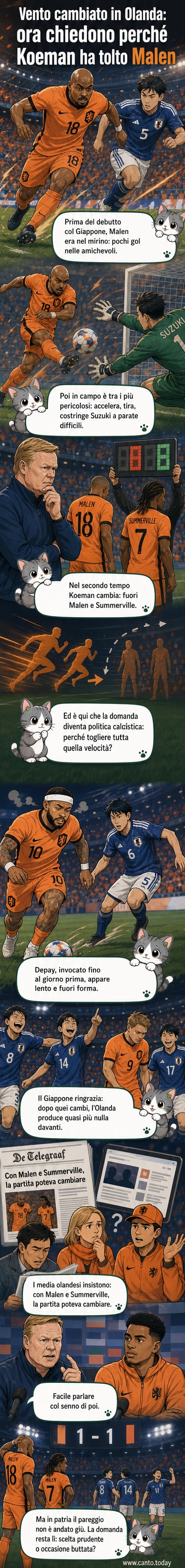 Illustrazione di un campo da calcio con Malen che lascia il terreno di gioco mentre Koeman indica la panchina, con il punteggio 1-1 sul tabellone.