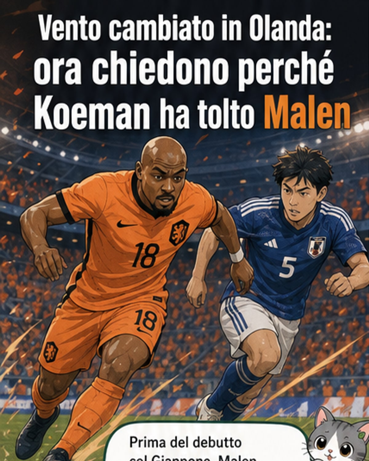 Illustrazione di un campo da calcio con Malen che lascia il terreno di gioco mentre Koeman indica la panchina, con il punteggio 1-1 sul tabellone.