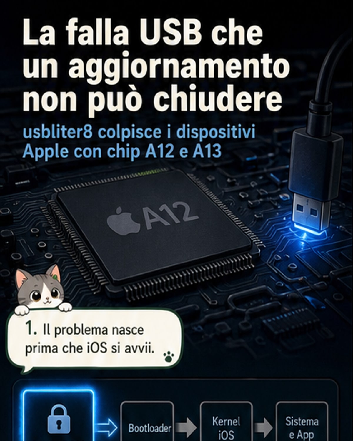 Illustrazione di un iPhone con un cavo USB che emette un segnale di allarme rosso, simbolo di una falla di sicurezza hardware non risolvibile.