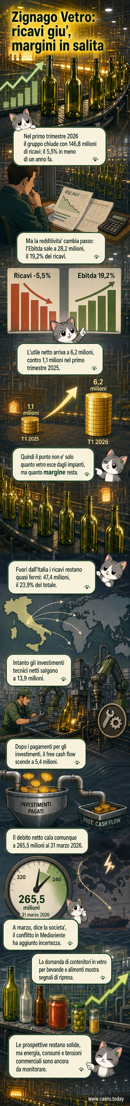 Grafico a barre che mostra l'aumento dell'utile netto e dell'EBITDA di Zignago Vetro nel primo trimestre 2026 rispetto all'anno precedente, con sfondo di bottiglie di vetro e linee di produzione.
