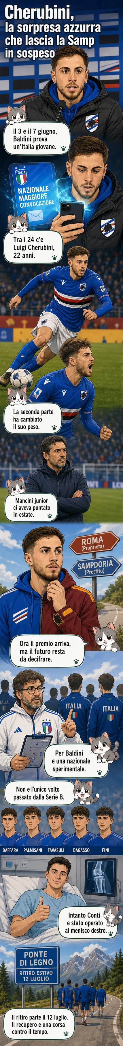 Illustrazione di Luigi Cherubini in maglia azzurra con la scritta 'Nazionale' sul petto, mentre corre su un campo da calcio con lo stemma della Sampdoria in primo piano.