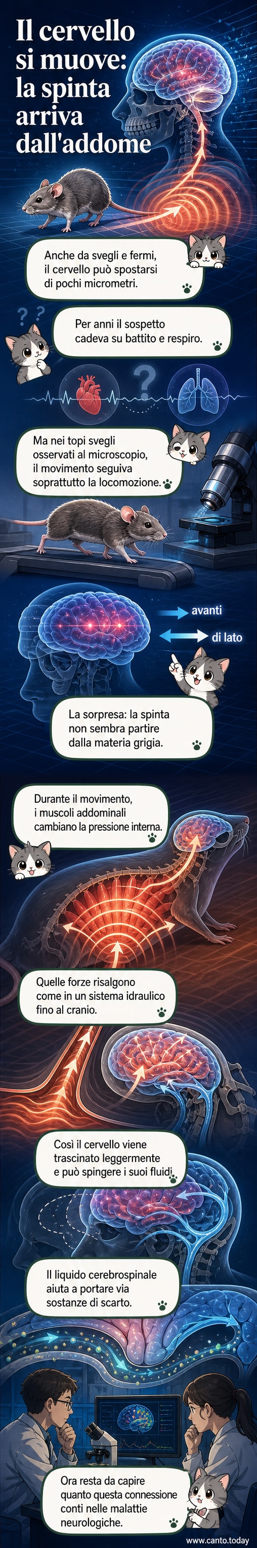 Illustrazione del cervello che si muove all'interno del cranio a seguito di pressioni trasmesse dall'addome durante la contrazione muscolare.