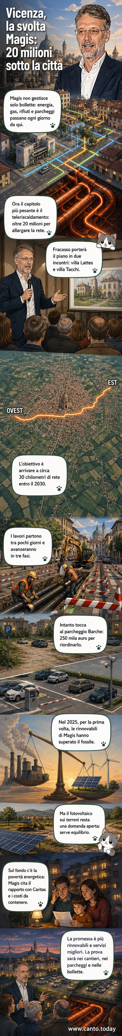 Illustrazione di una rete di teleriscaldamento che si espande attraverso Vicenza, con pannelli solari, turbine eoliche e un impianto geotermico, mentre un parcheggio viene riqualificato con luci LED e controllo automatizzato.