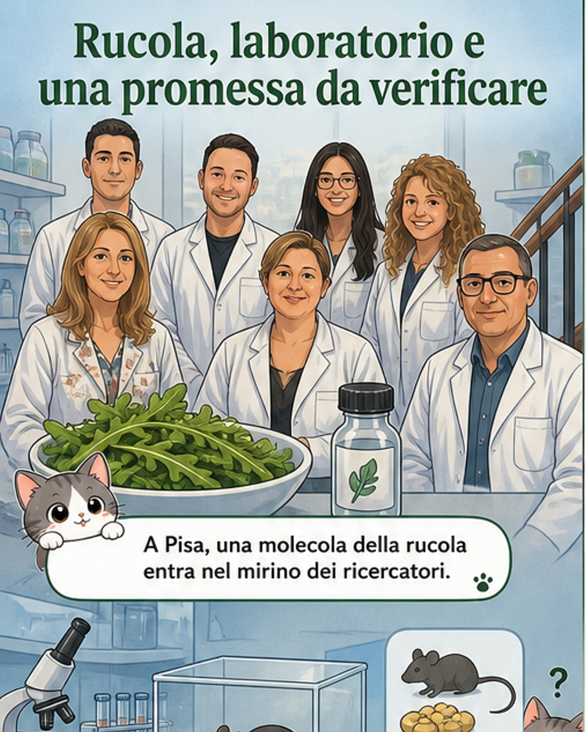 Un piatto di rucola con un grafico metabolico in sovraimpressione che mostra il confronto tra accumulo di grasso in topi trattati e non trattati con glucoerucina.