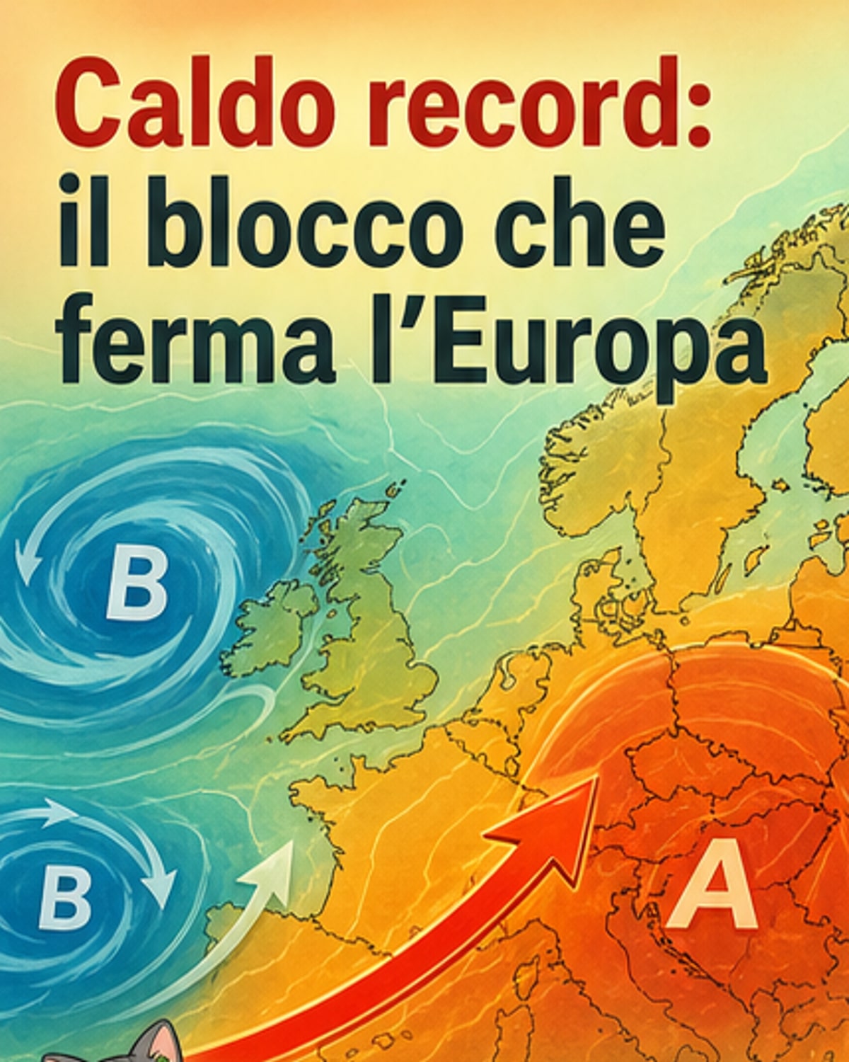 Un'illustrazione che mostra un anticiclone fermo sull'Europa, con frecce che indicano l'aria calda proveniente dall'Atlantico e temperature in aumento su città europee.