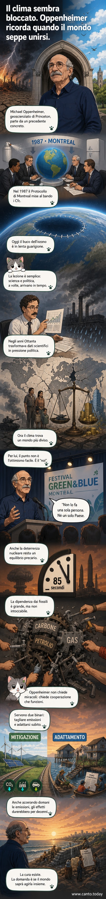 Illustrazione di un pianeta Terra con una fessura nell'atmosfera che si sta richiudendo, mentre mani di diverse nazionalità lo sostengono insieme.