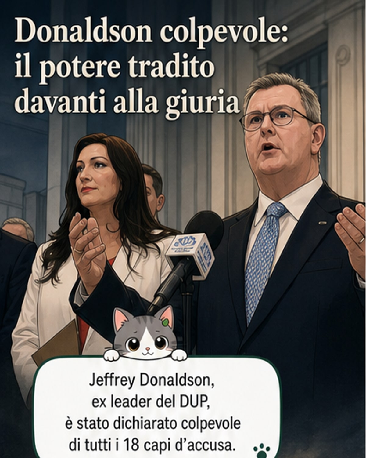 Illustrazione stilizzata di un tribunale con ombre di figure in abiti da ufficio, simboli di documenti legali e una linea temporale che collega gli anni 1985-2008.