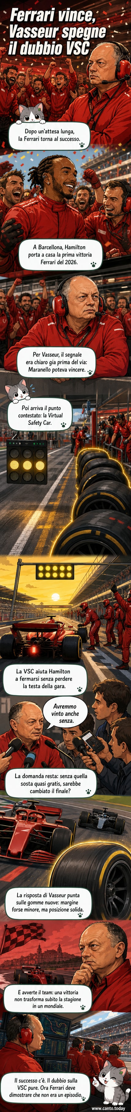 Frederic Vasseur, team principal della Ferrari, parla in conferenza stampa dopo la vittoria di Hamilton al GP di Barcellona 2026, con sfondo del circuito e della monoposto rossa.