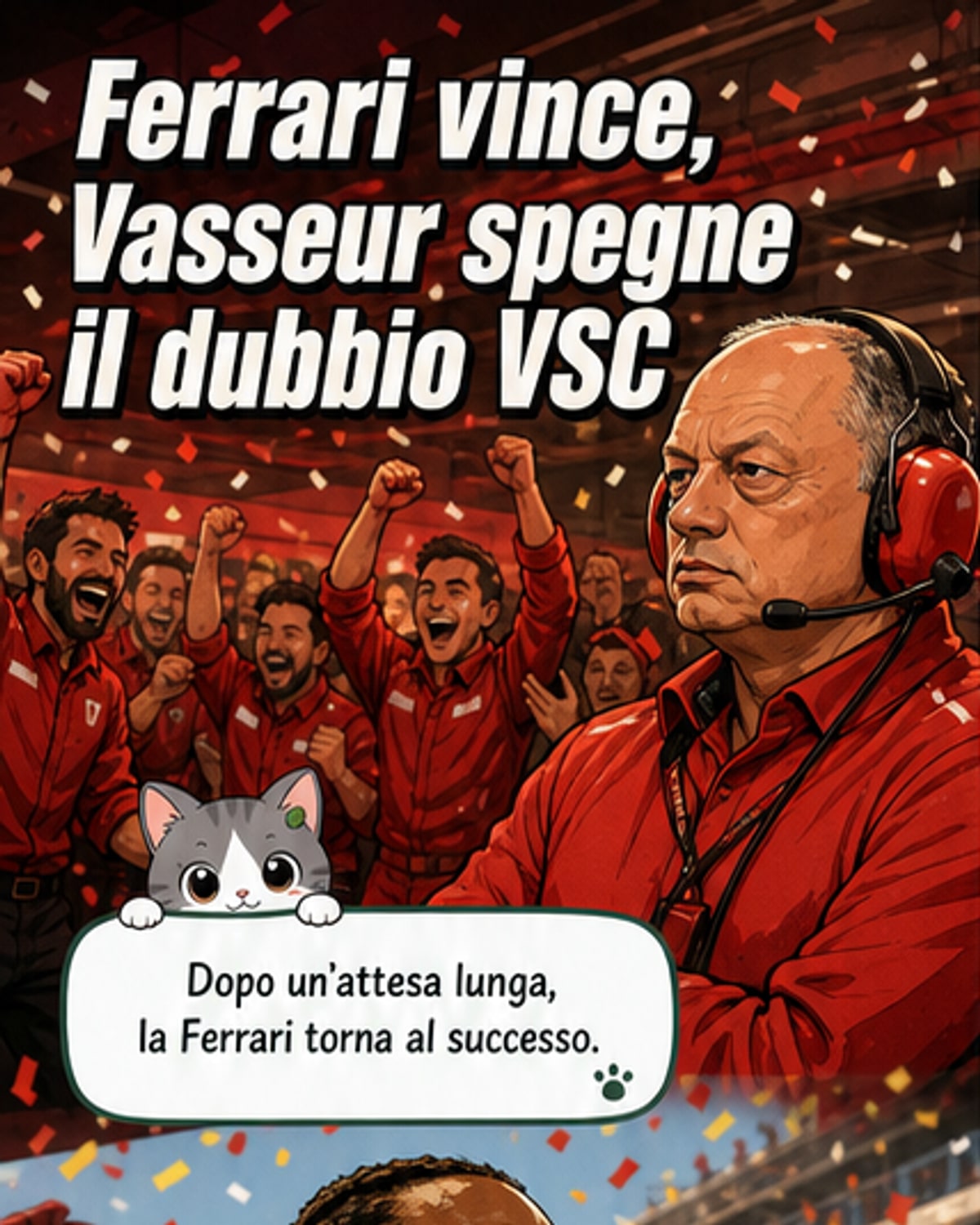 Frederic Vasseur, team principal della Ferrari, parla in conferenza stampa dopo la vittoria di Hamilton al GP di Barcellona 2026, con sfondo del circuito e della monoposto rossa.