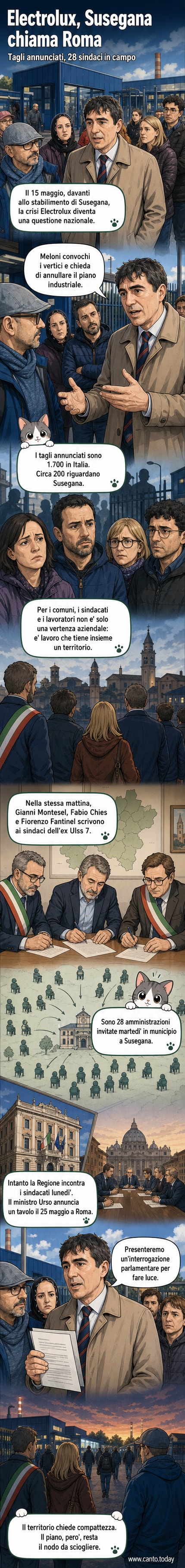 Illustrazione di un gruppo di sindaci riuniti davanti a uno stabilimento industriale con il logo Electrolux, mentre lavoratori protestano con striscioni