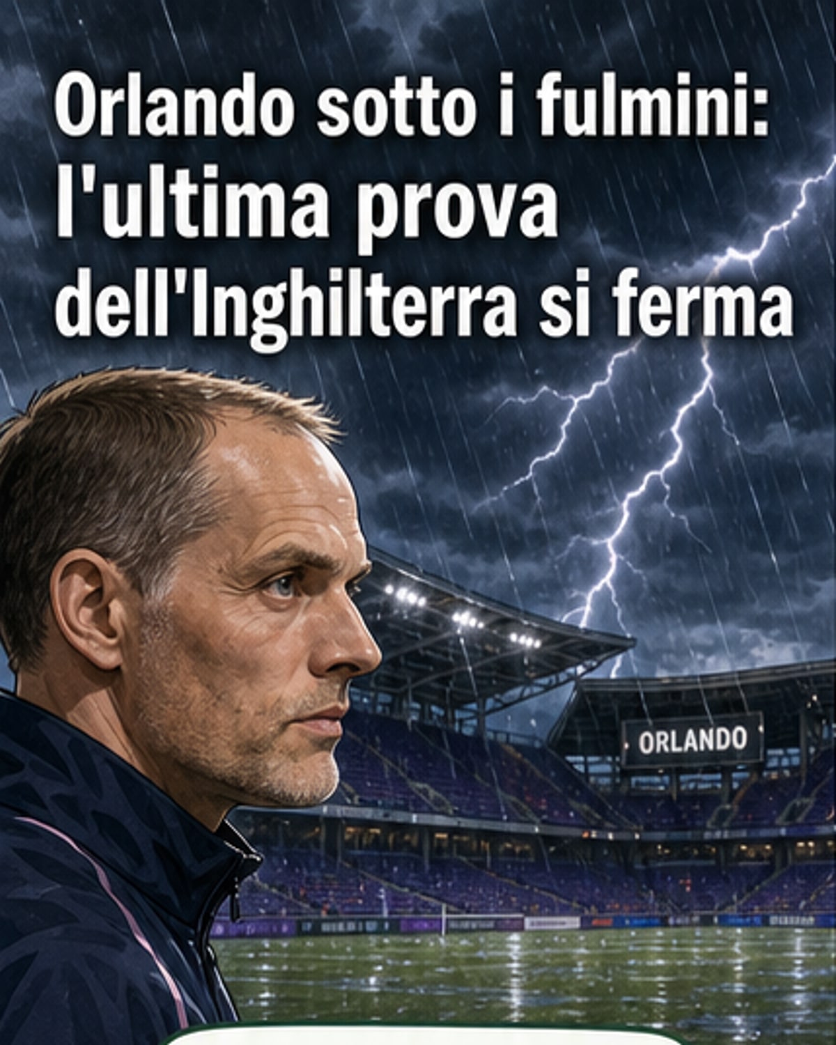 Campo da calcio allagato sotto un cielo scuro, con giocatori in attesa e guardalinee in piedi vicino al tunnel degli spogliatoi.