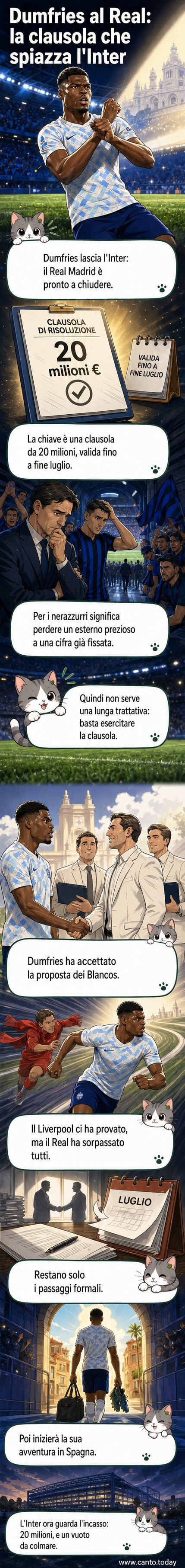 Illustrazione di Denzel Dumfries che indossa la maglia del Real Madrid, con lo stemma del club spagnolo e la città di Madrid sullo sfondo