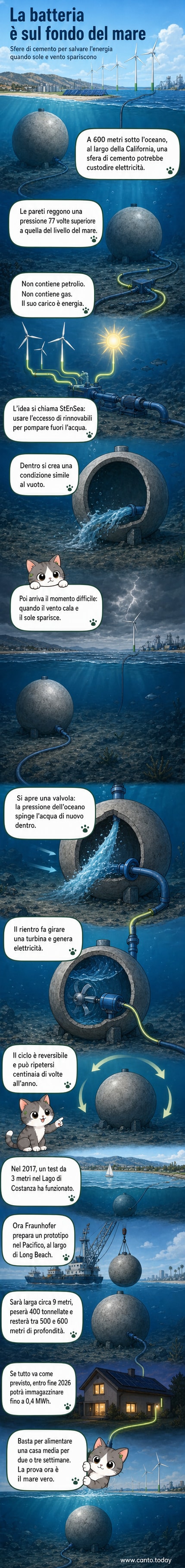 Illustrazione di una grande sfera di cemento sul fondale marino, con flussi d'acqua che entrano ed escono, collegata a una turbina che genera elettricità.