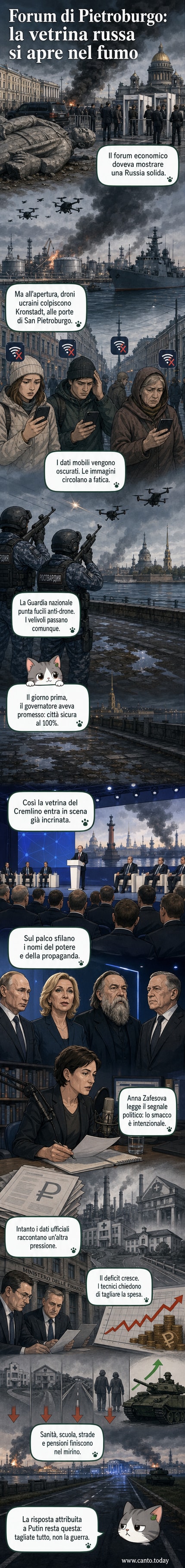 Fumo nero si alza sopra San Pietroburgo dopo un attacco con droni ucraini al porto militare di Kronstadt, mentre il Forum Economico si apre sotto tensione.