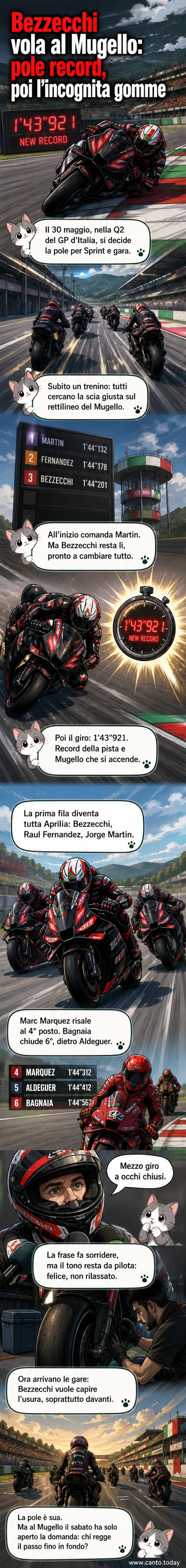Illustrazione dinamica di Marco Bezzecchi in sella alla sua Aprilia, in curva al Mugello con il pubblico in festa e il tempo '1'43"921' evidenziato sullo schermo.