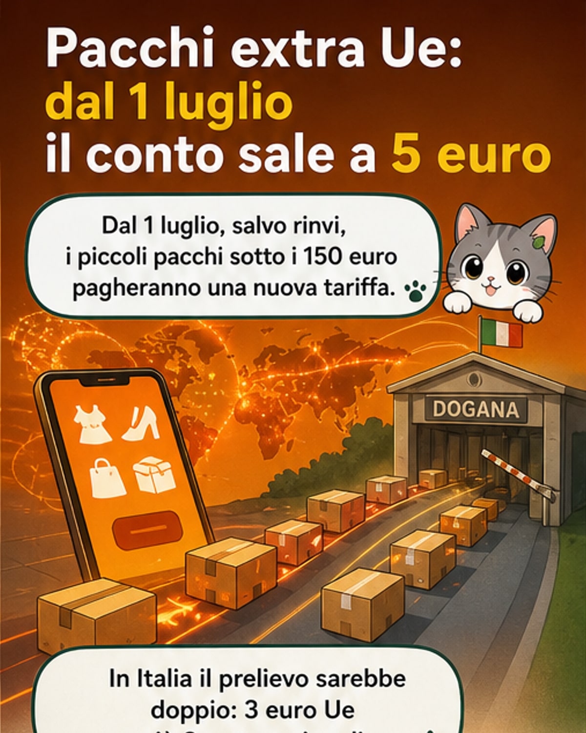 Illustrazione di un pacco con bandiera cinese e simboli di euro barrati, con un camion della logistica in background.