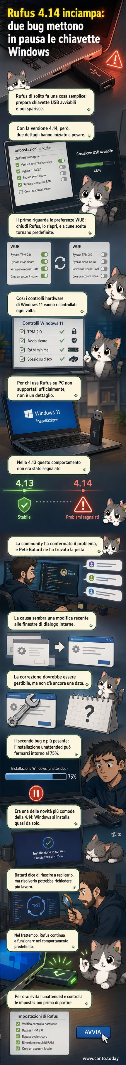 Illustrazione di una chiavetta USB con un'icona di errore e due bug che strisciano fuori dal programma Rufus