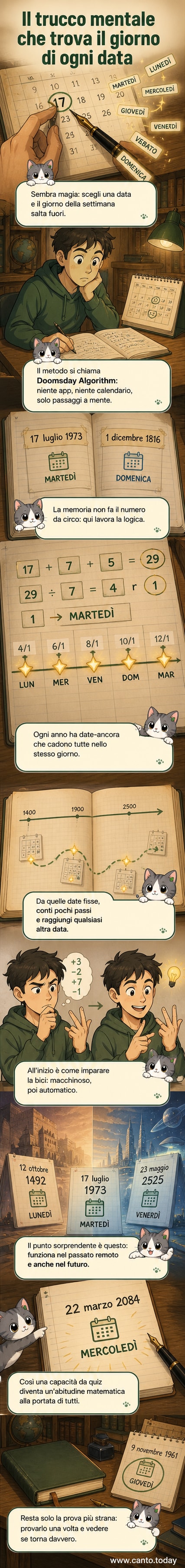 Illustrazione di una persona che calcola mentalmente il giorno della settimana di una data storica, con formule matematiche stilizzate che fluttuano intorno.