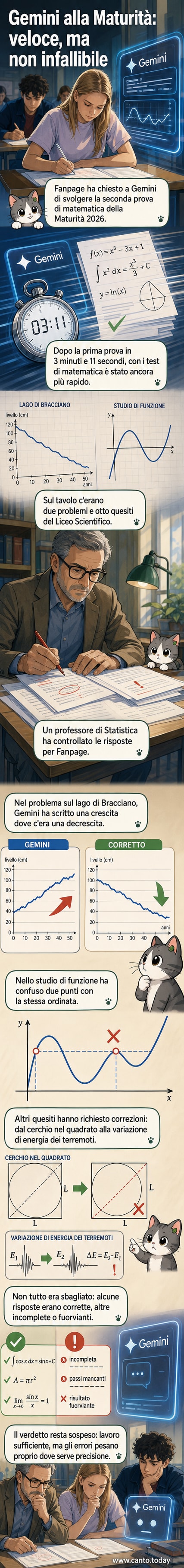 Illustrazione di un tablet con interfaccia di Gemini che risolve esercizi di matematica, con grafici e formule sullo schermo, mentre uno studente osserva con espressione pensierosa.