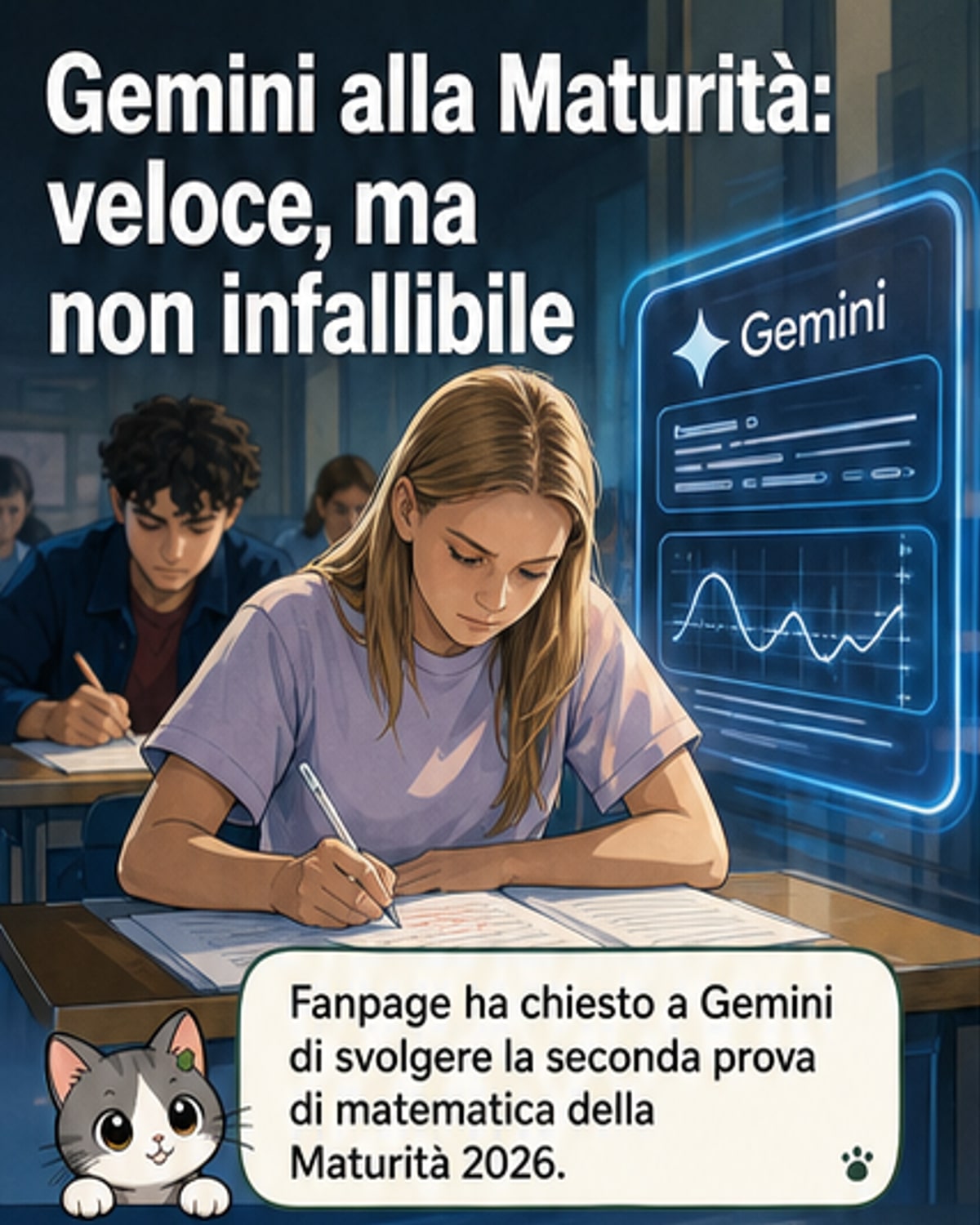 Illustrazione di un tablet con interfaccia di Gemini che risolve esercizi di matematica, con grafici e formule sullo schermo, mentre uno studente osserva con espressione pensierosa.
