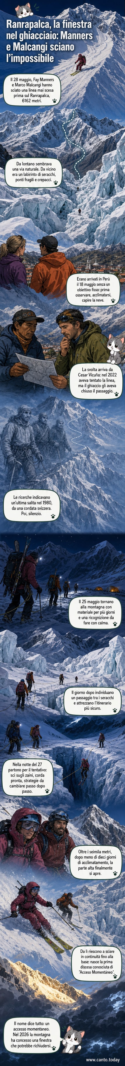 Foto di Fay Manners e Marco Malcangi durante la discesa sciistica su un ripido pendio innevato del Ranrapalca, con crepacci e seracchi visibili sullo sfondo.