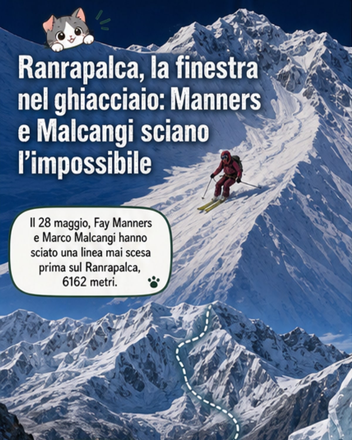 Foto di Fay Manners e Marco Malcangi durante la discesa sciistica su un ripido pendio innevato del Ranrapalca, con crepacci e seracchi visibili sullo sfondo.