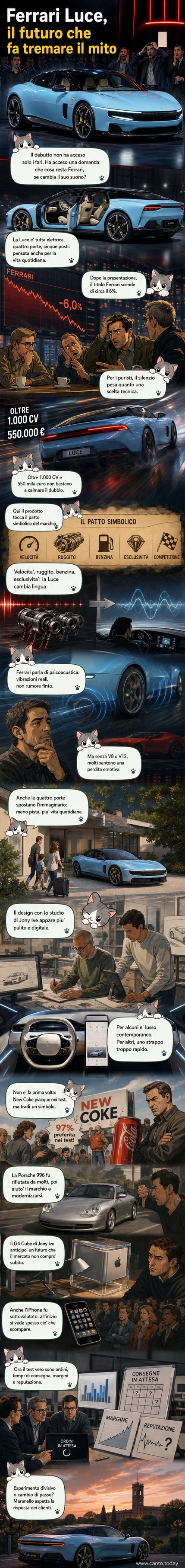 Illustrazione stilizzata della Ferrari Luce con design futuristico, fiancheggiata da un motore V12 tradizionale da un lato e un powertrain elettrico dall'altro, simbolo del confronto tra passato e futuro.