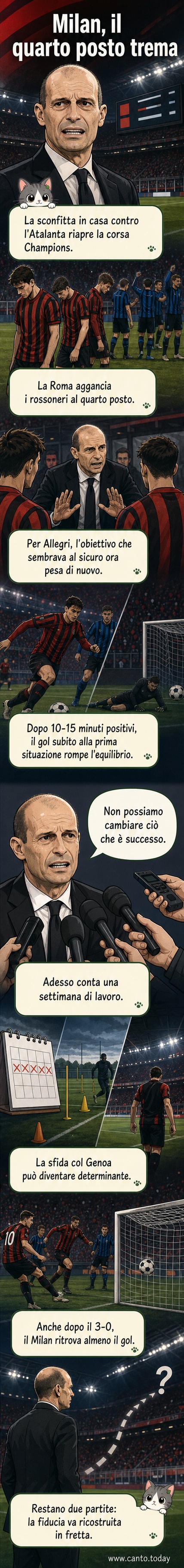 Allenatore Massimiliano Allegri in panchina durante una partita del Milan, con espressione preoccupata dopo un gol subito.