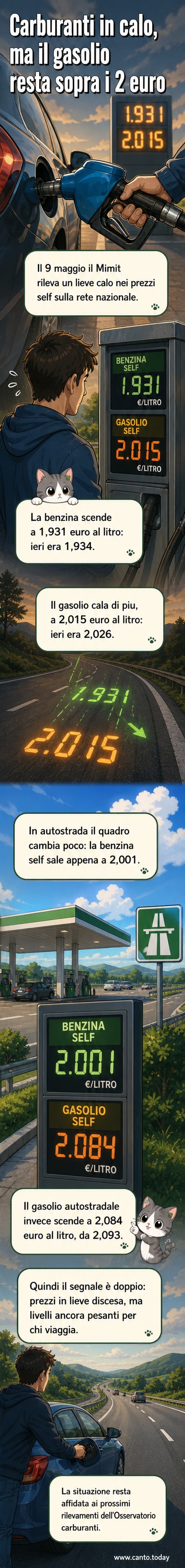 Pompa di benzina con schermo che mostra prezzi in calo: 1,931 euro per la benzina, 2,015 per il gasolio.