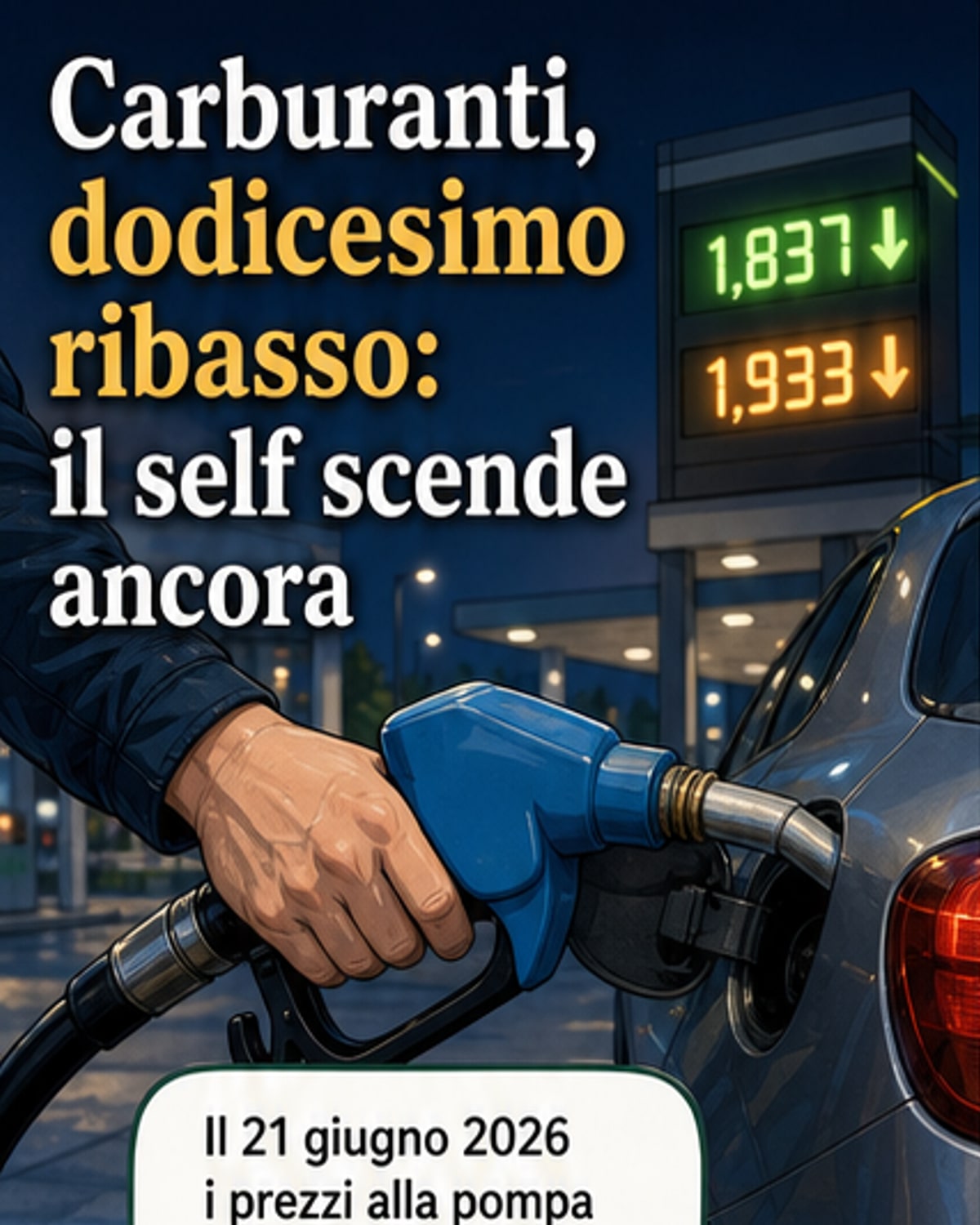Pompa di benzina con schermo che mostra il prezzo in calo: 1,837 euro al litro per la benzina self service