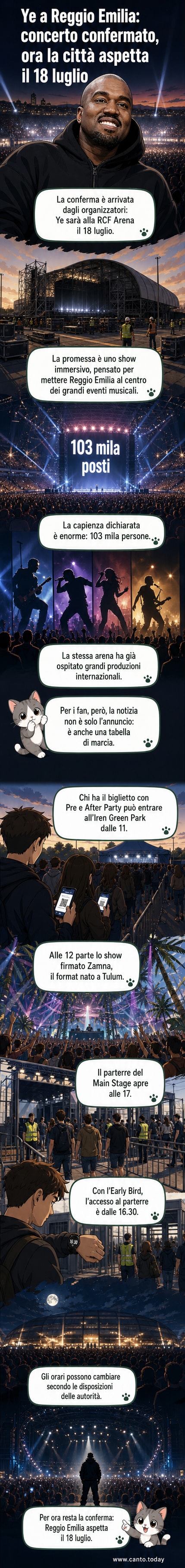 Illustrazione di Kanye West sul palco della RCF Arena di Reggio Emilia, con effetti visivi immersivi e un pubblico in attesa.