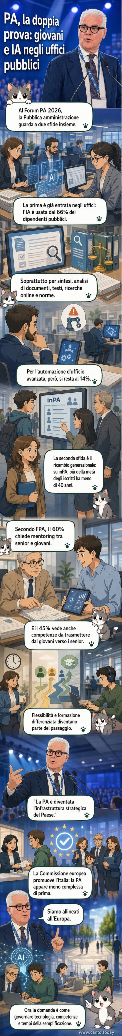 Illustrazione di un ufficio pubblico moderno con dipendenti di diverse età che collaborano davanti a schermi digitali, mentre un flusso di dati e intelligenza artificiale scorre tra loro.
