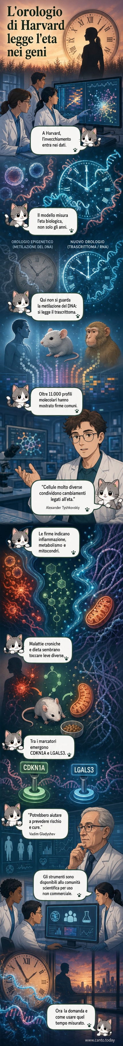 Illustrazione di una doppia elica con indicatori digitali che scorrono lungo i geni, simbolo di un algoritmo che misura l'invecchiamento cellulare.