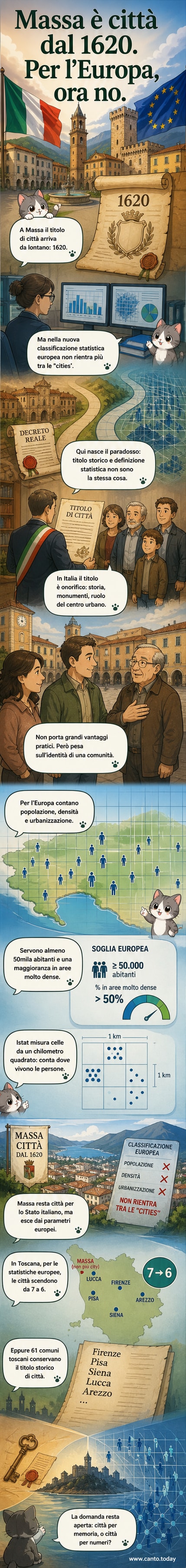 Mappa dell'Italia con evidenziate le città storiche della Toscana e confronto con i criteri di densità abitativa Ue