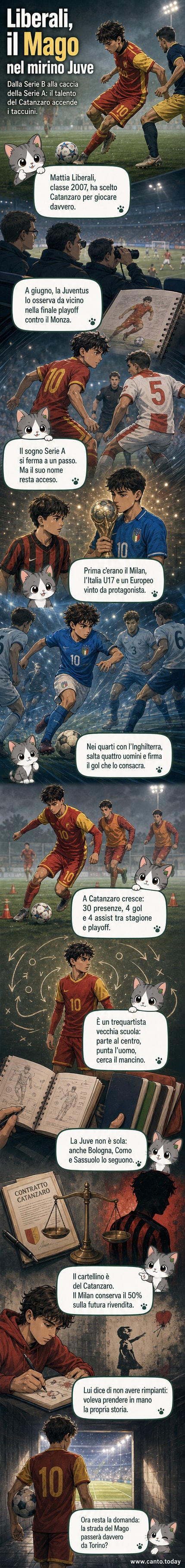 Illustrazione di Mattia Liberali in maglia da calcio, con il pallone al piede e lo sguardo verso la porta, in uno stadio stilizzato con colori bianconeri e rossoneri in sfondo.
