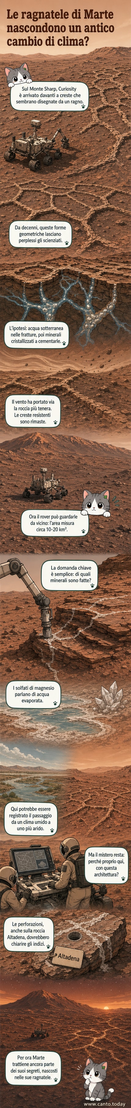 Illustrazione di un paesaggio marziano con creste geologiche a forma di rete che si estendono su un terreno rossastro, sotto un cielo polveroso, con il rover Curiosity in primo piano.