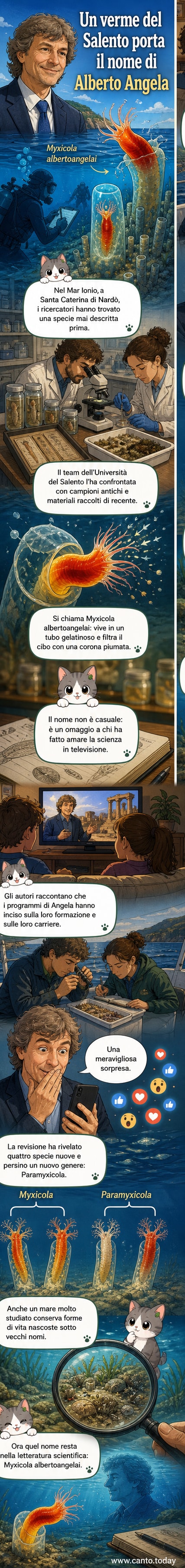 Illustrazione di un verme marino con corona branchiale a ventaglio, sullo sfondo un fondale del Mar Ionio con tubi gelatinosi su ghiaia e sabbia
