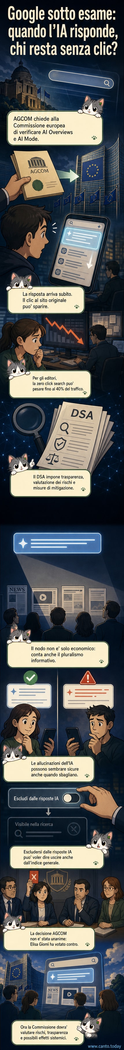 Illustrazione di una lente di ingrandimento che mostra un'intelligenza artificiale che sintetizza risultati di ricerca, mentre i siti web sotto di essa diventano grigi e invisibili.