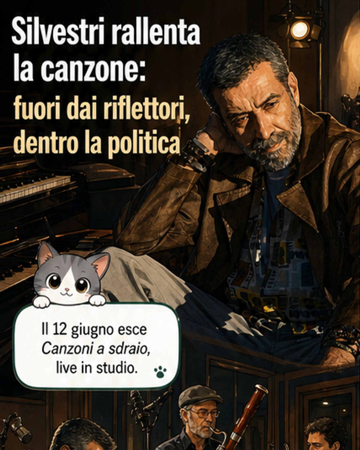 Daniele Silvestri al pianoforte in un trio dal vivo, con fagotto e batteria, in una stanza minimalista che evoca un momento di pausa musicale