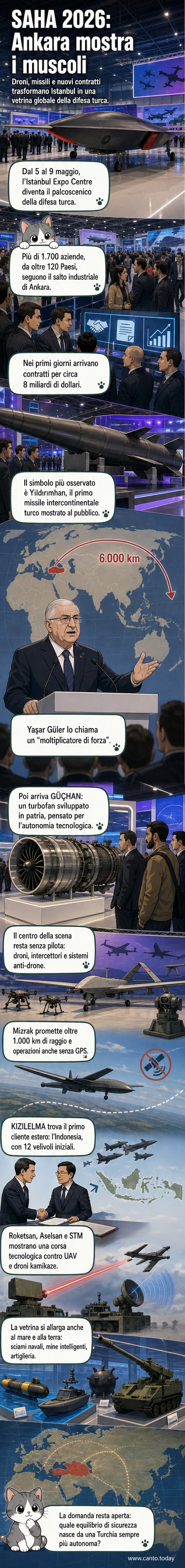 Illustrazione di un missile balistico turco Yıldırımhan che decolla durante una fiera militare, con droni e sistemi d'arma in background.